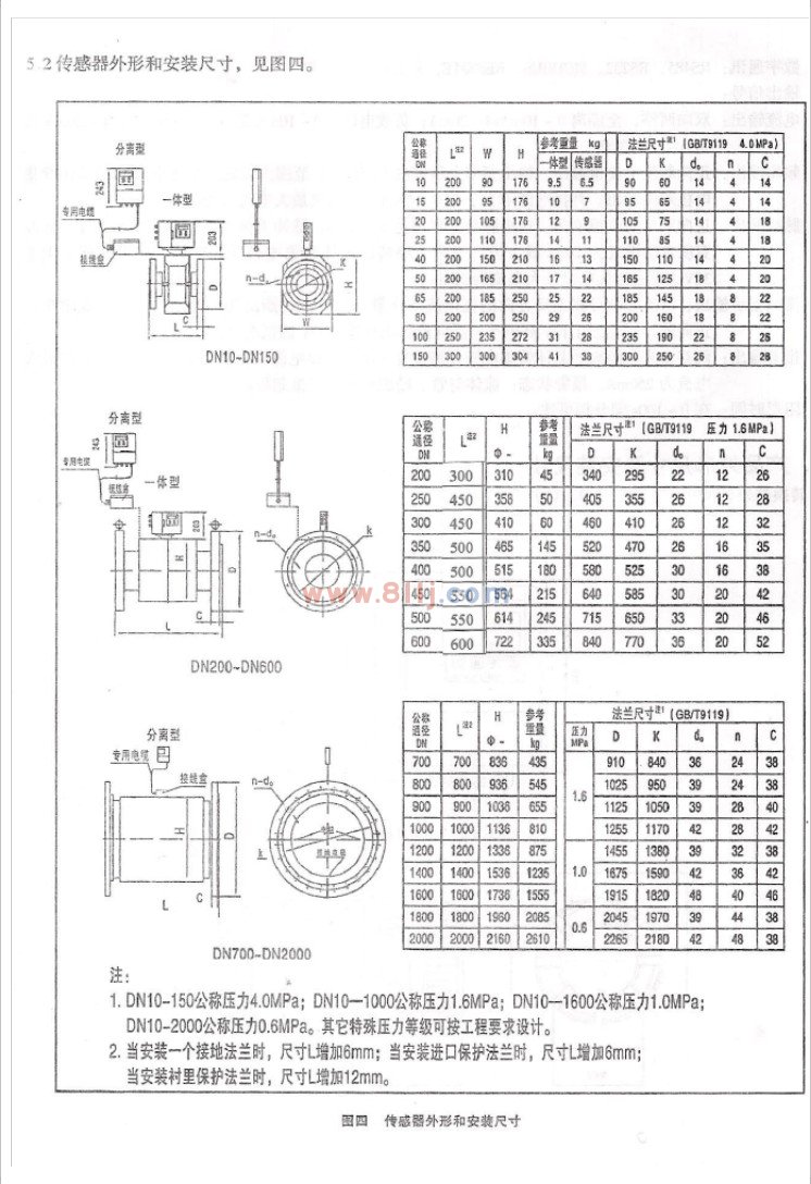 电磁流量计传感器外形及安装尺寸